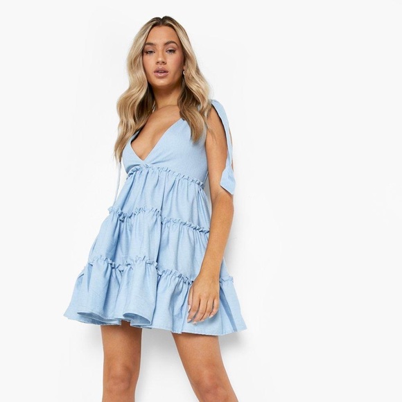 Tie Shoulder Tiered Chambray Smock Dress - Picture 2 of 5